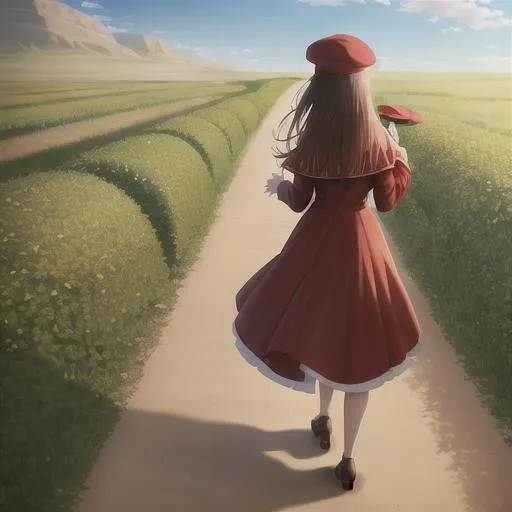 Prompt: adventurer, stylish red dress and elaborate hat, returning home to the land of beginnings, nostalgia