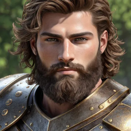 Prompt: Intricately detailed photorealistic image of a ruggedly handsome young human Greek male warrior wearing  armor, styled short wavy hair and short tapered beard, very detailed eyes, UHD, 8K, realism, correct perspective