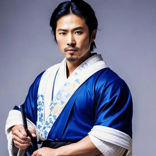 Prompt: Young Hiroyuki Sanada as a Samurai Photorealistic Overdetailed Portrait, Holding a Tetsubo, Well Detailed face, Blue and White Robes and Armor, Black hair, Detailed Hands, Detailed Twilight Background, Intricately Detailed, Award Winning, Photograph, Film Quality.