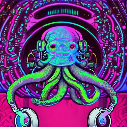 Prompt: rave octopus, octopus with headphones as discjockey, discjockey at underground rave party, discjockey perform in front of crowd, rainbow colors, high contrast, 
happy, comic style, dmt, lsd, sacred geometry, two vinyl record players, one dj mixer, 1990's style, acidhouse, neon colors, neonlights, lasers, high details, octane render, 4k