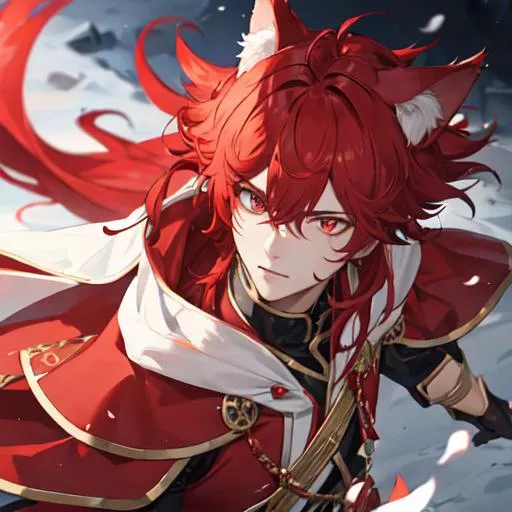 Prompt: Zerif (Red side-swept hair covering his right eye) dressed up as a wolf, UHD, 8K