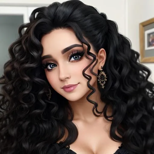 Prompt: A beautiful woman dressed in black, long very curly hair, facial closeup
