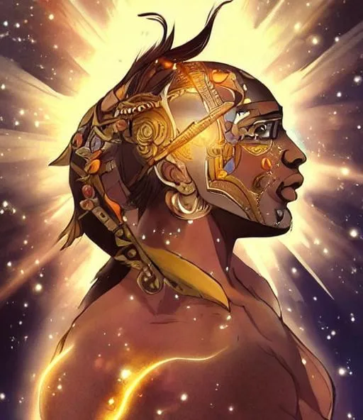 Prompt: Create a Warrior who is 
Person of brown skin in a kneeling position surrounded by the space and the stars and books Floating around him as words of wisdom Fly out the Out the pages and flow into the top of his head. enter his mind. And as light pulses from his body. In anime style art form