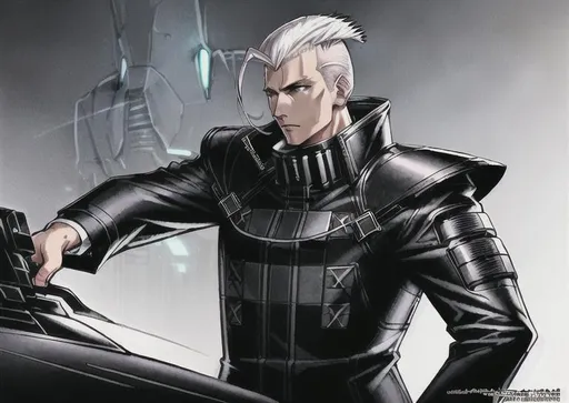 Prompt: JAXER KAZE ; slicked back White hair , comb down backward mohawk ,  male in black tactical teachwear rubber uniform poncho coat, highly detailed, digital , concept art, sharp focus, UHD , with a ultra-futuristic hovering ATV vehicle , in Antarctica 