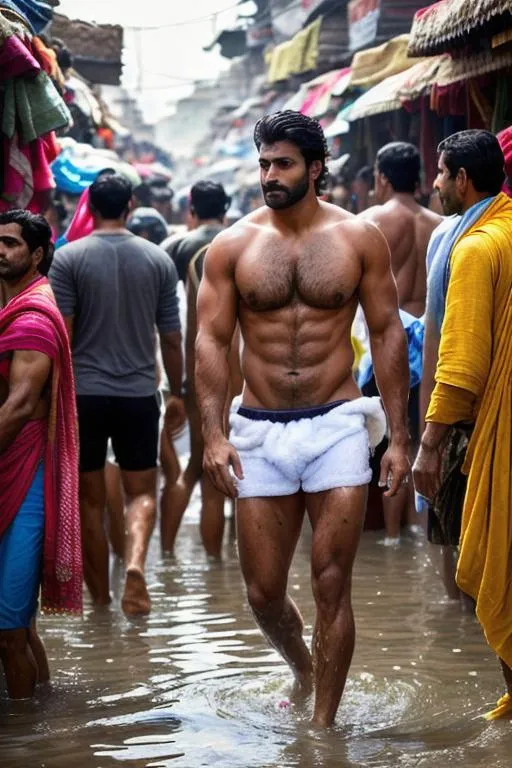 Prompt: A haryana rugged hypermasculine handsome goodlooking hunk is "bathing", at the "side walk" of a dingy crowded haryana market. People in the "crowd is hypnotised" at the man. arena, perfect composition, hyperrealistic, super detailed, 8k, high quality, trending art, trending on artstation, sharp focus, studio photo, intricate details, highly detailed, by greg rutkowski