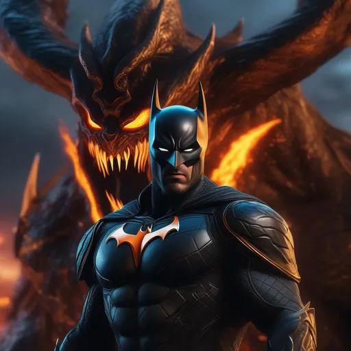 Prompt: a death knight with a Venom mouth (Venom movie), with horns forward on his forehead, orange fire eyes, next to Batman from DC comics, Hyperrealistic, sharp focus, Professional, UHD, HDR, 8K, Render, electronic, dramatic, vivid, pressure, stress, nervous vibe, loud, tension, traumatic, dark, cataclysmic, violent, fighting, Epic