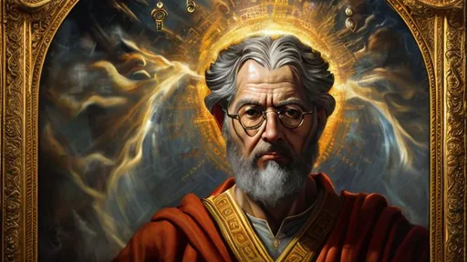 Prompt: A masterful genius surrounded by a halo of knowledge and wisdom The main attention is paid to the expressive portrait of a man of genius. He is presented in front of a background composed of various symbols and icons, reflecting his wide range of knowledge. oil painting on canvas realistic style using 85mm lens --ar 16:9 --v 5