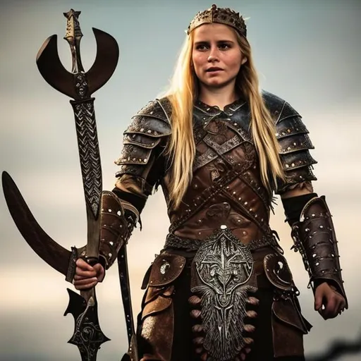 Prompt: Realistic Majestic regal Viking warrior goddess Queen and warrior kingin beautiful majestic armor