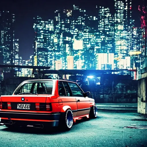 Prompt: customised bmw e30 with widebody seen from the rear.  at night under a bridge, in a futuristic dark cyberpunk city with futuristic skyscrapper and building  full of neon light in the background.
