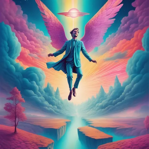 Prompt: Surrealistic illustration of a man flying on an astral plane, dreamy and surreal color palette, psychedelic vibes, detailed surreal landscape below, ethereal and transcendent experience, high quality, surrealism, astral plane, dreamy colors, psychedelic, detailed landscape, ethereal, transcendent, surrealistic, atmospheric lighting