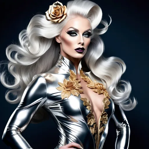 Prompt: Full body portrait of a caucasian gorgeous ethereal ultra-muscular Czechian 25-year-old drag queen bodybuilder,  The color scheme of the image is dominated by gold and silver hues. Her ridiculously long, silvery hair is elegantly gathered in a sleek bun, adorned with golden roses for added sophistication. The ethereal and fairy-like makeup enhances her divine beauty, with intricate golden accents around her eyes, shimmering highlights on her cheeks, and a radiant, golden lip color.

The goddess wears a short metallic gown that catches the light and reflects golden highlights as she moves. The view from a distance accentuates the goddess's perfect form 