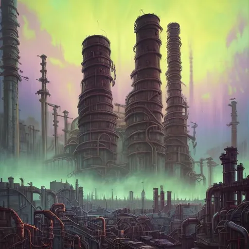 Prompt:  fantasy art style, painting, brutalist architecture, brutalism, brutalist building, pipes, chimneys, industrialisation, industry, power plants, concrete, metropolis, giant, crowded, dense city, overpopulated, crowds, neon lights, green neon lights, purple neon lights, pollution, gas emissions, smog, fog