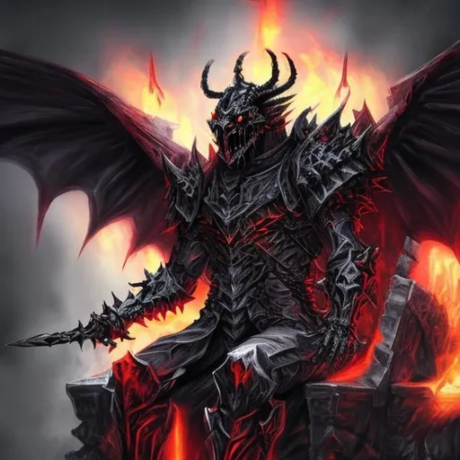 Prompt: A demonic knight with demon wings sitting on a demonic throne with flames 