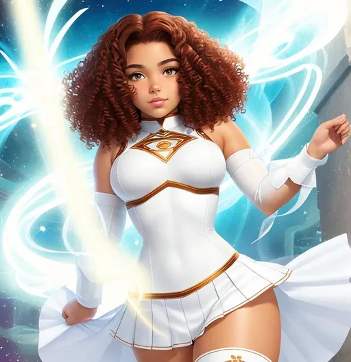Prompt: A beautiful 14 year old ((Latina)) light elemental with light brown skin and a cute face. She has a curvy body. She has short curly reddish brown hair and reddish brown eyebrows. She wears a beautiful tight white princess outfit with a white skirt. She has brightly glowing yellow eyes and white pupils. She wears a small golden tiara. She has a yellow aura around her. She is using bright light magic in battle against a entire army in a open field. Epic battle scene art. Full body art. {{{{high quality art}}}} ((goddess)). Illustration. Concept art. Symmetrical face. Digital. Perfectly drawn. A cool background. Five fingers