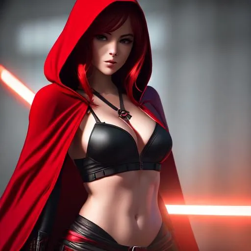 Prompt: red haired assassin girl, wears dark red hooded robe with a lot of blades, highly detailed body, full body, whole body visible, full character visible, soft lighting, high definition, ultra realistic, unreal engine 5, 8K, digital art