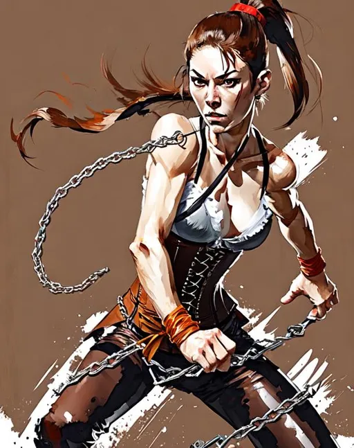 Prompt: Kusarigama, chain whip, corset, action pose, brown hair, ponytail