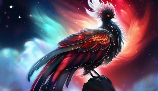 Prompt: portrait of a glass phoenix that is glowing, black and dark red and white molted feathers, bioluminescent, nebula background, glitter, in the clouds, beneath the stars, masterpiece, digital art, highres, best quality, concept art