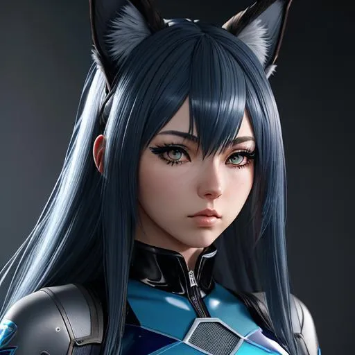 Image AI: Open Art: An anime girl, (lynx ears )that are (grey),blue leotard latex outfit,long ({dark blue} hair)(midnight blue hair)(fringeless), feeling apathy, concept art, high resolution scan, hd octane render, intricate detailed, highly detailed face, unreal engine, trending on artstation, UHD, 8k, Very detailed,standing on top of a high building, sad, loneliness, full body pose, she has long ({dark blue} hair)(midnight blue hair)(fringeless), pale skin, ([grey eyes] with cat-like iris), (lynx ears )that are (grey), and blue latex leotard outfit, intricate facial detail, intricate eye detail, intricate details,  hyperrealistic full body pose, hyperrealistic ethereal, dark blue and long hair, white lynx ears, sharp jaw, hyperrealistic golden cat eyes , hyperrealistic human nose, hyperrealistic lips, ethereal, divine, hyperrealistic face, hyperrealistic pale skin, intricate eye detail, pale skin, (dark blue latex outfit), fringeless, (forehead showing), highly detailed concept art,  , hd octane, intricate quality, HD, trending on artstation, fringeless, forehead showing ,highly detailed concept art, high resolution scan, hd octane render, intricate detailed, highly detailed face, unreal engine, trending on artstation, UHD, 8k, Very detailed