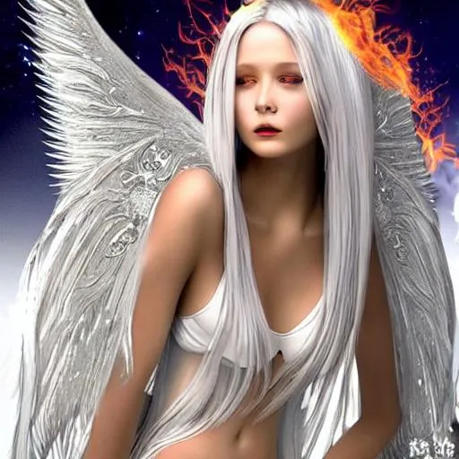 Prompt: beautiful fantasy angel girl with flaming wings, flaming eye's. long silver hair. enhances body and face