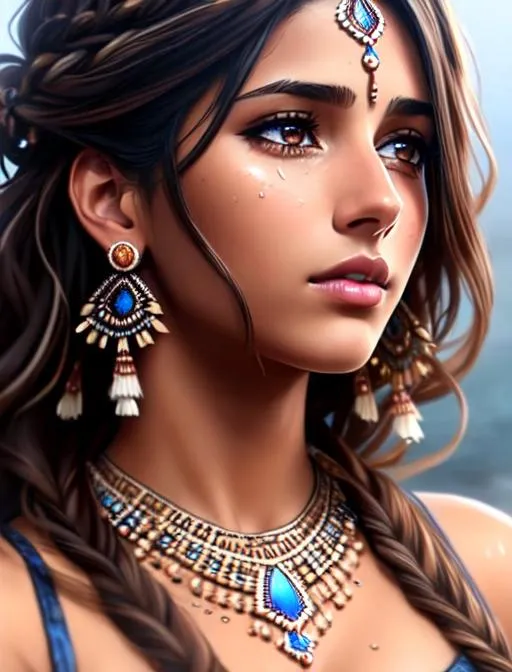 Prompt:  Naomi Scott crying, sleeveless, brown hair, brown eyes, tears running down face, wearing tribal cueitl, ethereal, sad, jewelry set balayage wild hair, royal vibe, highly detailed, watery eyes,tears running down face, highly detailed face, digital painting, Trending on artstation , HD quality, tan skin,artgerm,  by Ilya Kuvshinov 