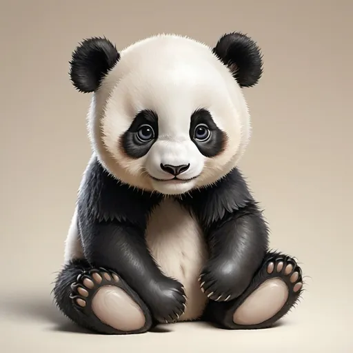Prompt: Create a detailed illustration of a cute, baby panda named S. The panda should be depicted with soft, fluffy fur, big round eyes, and a gentle expression. S is sitting down, looking curious and playful. Its fur is predominantly white with the characteristic black patches around the eyes, ears, and limbs. The background should be plain white to highlight the panda. Ensure that the texture of the fur is well-defined and the overall appearance is endearing and heartwarming.