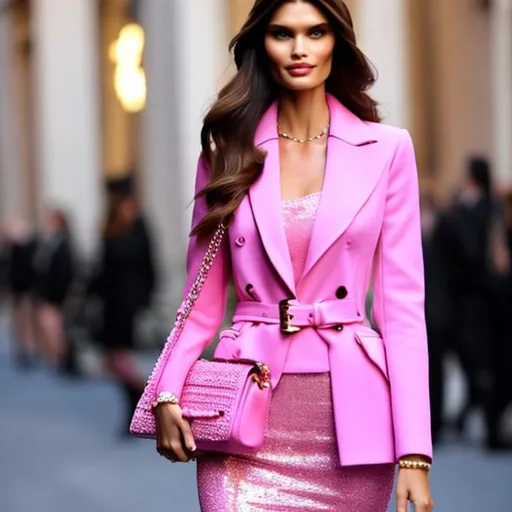 Prompt: Bianca Balti wearing a Barbie inspired pink Dolce&Gabbana Look 