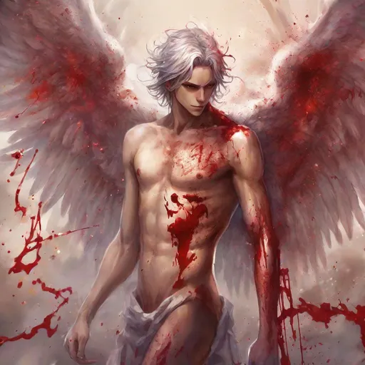 Prompt: anime portrait {nude male angel covered with blood}, beautiful intricate {color} hair, shimmer in the air