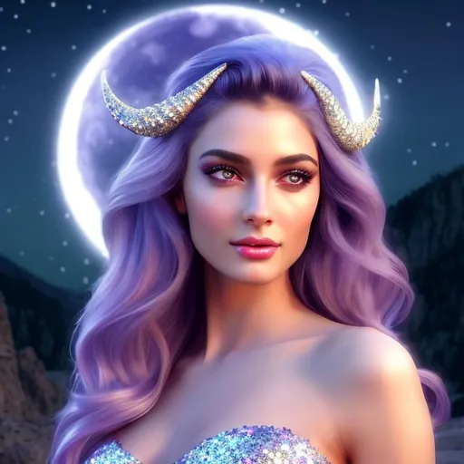 Prompt: HD 4k 3D 8k professional modeling photo hyper realistic beautiful woman ethereal greek goddess of the moon
lavender hair with horns dark eyes gorgeous face pale skin shimmering dress with sequins shiny jewelry full body surrounded by magical glowing moonlight hd landscape background personification of the moon 