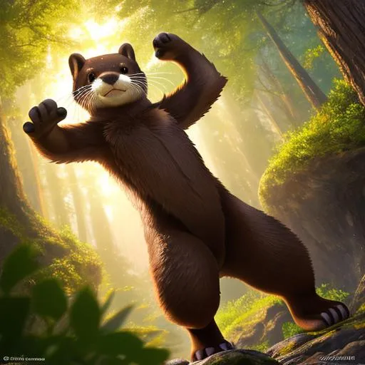 Prompt: Full-body detailed masterpiece, fantasy, high-res, quality upscaled image, perfect composition, subject of this image is a bipedal female otter, brown fur, athletic body, 18k composition, 16k, 2D image, cell shaded, otter, athletic torso, forest background, female chest; using renamon as the body,  otter face features, busty chest,