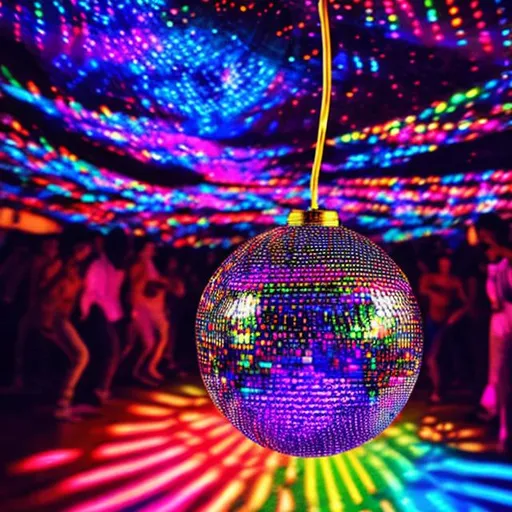 Prompt: Disco ball that lights up will colorful lines underneath and people dancing on the side completely colorful. They are in a night club where the party doesn't stop everyone is dancing on the scene.