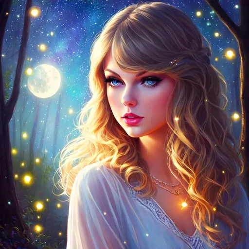 Prompt: a young woman who looks like Taylor Swift, Disney style, moon, forest, nighttime, galaxy, soft light, art, painting, sweet, fireflies