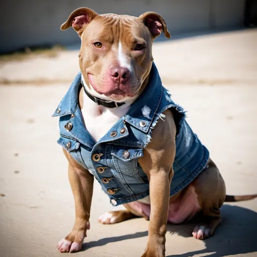 Prompt: pitbull dog wearing a heavy metal music denim vest