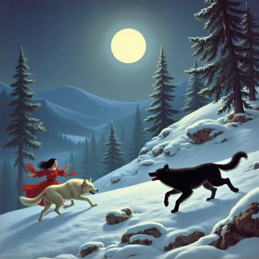 Prompt: Running guidian white wolf with a girl in red dress
Chased by black werewolf
In snowy mountain
under the moonlight 
