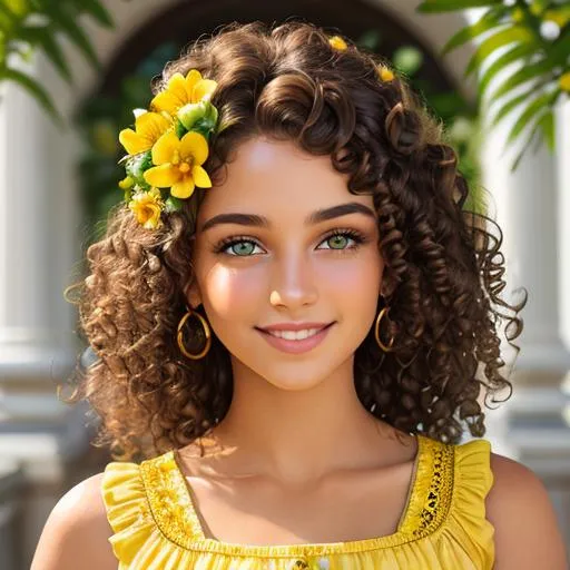 Prompt: A girl with curly brown hair ,green eyes, wearing yellow, yellow flower in her hair, radiant smile, facial closeup