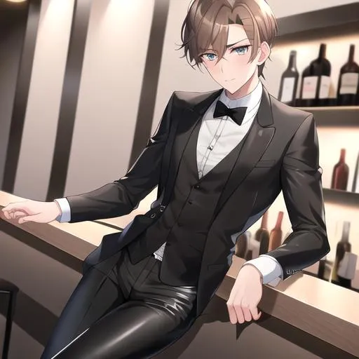 Prompt: Alex 1male. Short light brown hair. Soft and mesmerizing light grey eyes. Wearing a sleek black button-up shirt, paired with tailored black pants and shiny leather shoes. He completes the look with a stylish black vest and a classic black bow tie. UHD, 8K, standing behind a bar counter, blushing