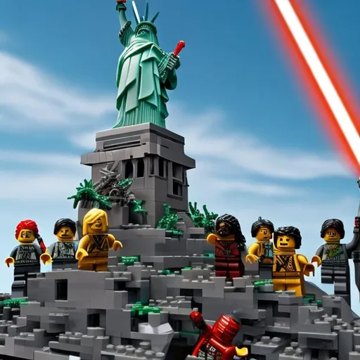 15 little lego men climbing up a sentient statue of...