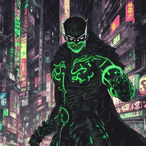 Prompt: Black and neon green. muscular masked villain. Blood spatters. Very Dark image with lots of shadows. Background partially destroyed neo Tokyo. Noir anime. Gritty. Dirty. Evil eyes