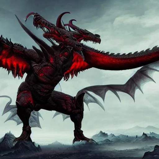 Prompt: Beast, Intimidating Figure, Ten Horns, Large Iron Teeth, Glowing Red Eyes, Massive Dragon-like wings.