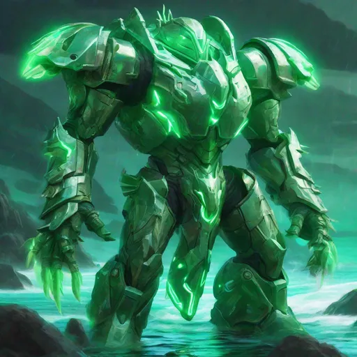 Prompt: A Beast, Aethersteel Bolts, luminescent sea-green with white-green neon armor, masterpiece, best quality, in idyllic art style