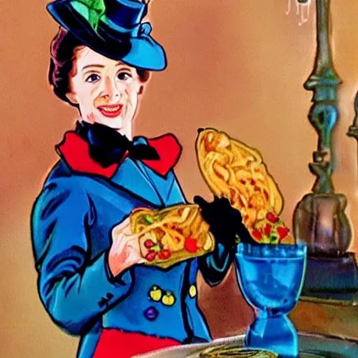 Prompt: Mary Poppins holding a delicous packet of soups