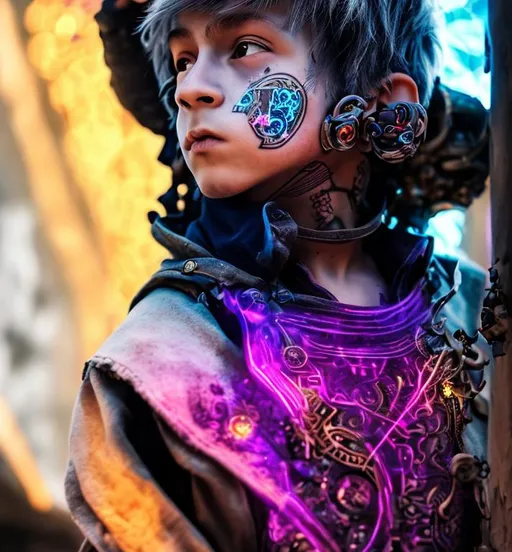 Prompt: Boy  with gray hair and colorful facial tattoos, in the style of futuristic settings, violet and bronze, robotics kids, photorealistic fantasies, schlieren photography, medieval fantasy, close-up shots