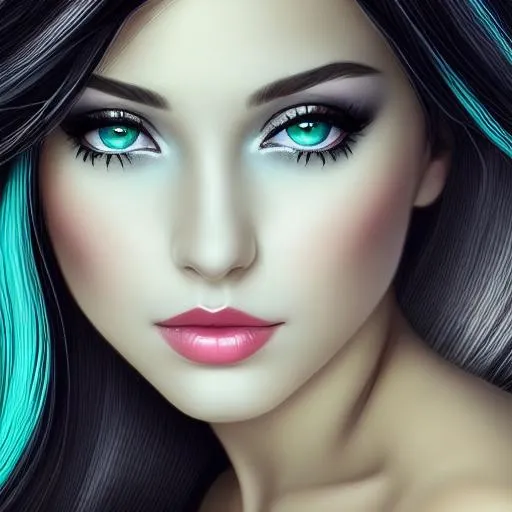 Prompt: photographic panoramic, | Young female, defined facial features, beautiful eyes,  black hair with silver highlights, emerald green dress, defined and well structured.  high-heeled shoes,   digital illustration, extreme detail, digital art,  photography,