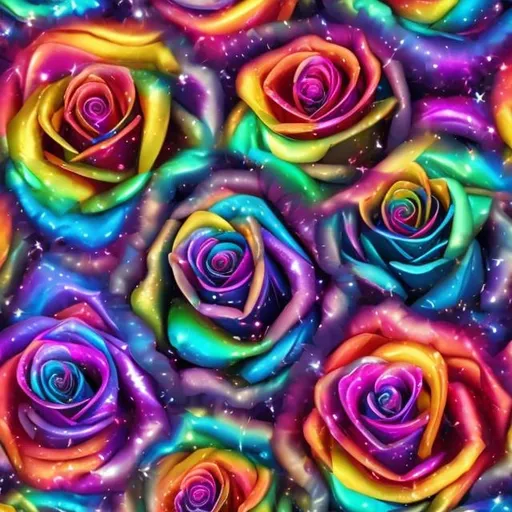 Prompt: Metallic rainbow roses in outer space in the style of Lisa frank