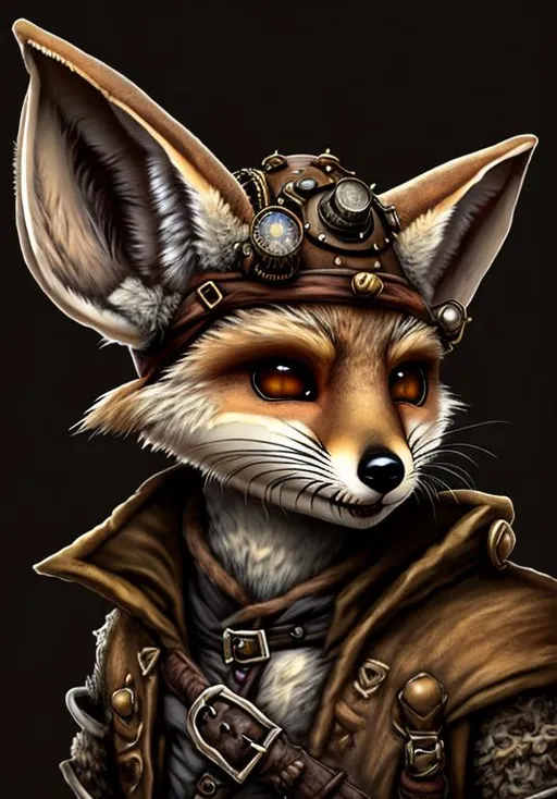 Prompt: Portrait of a Vulpera, fennec fox, brown fur, World of Warcraft, pirate hat, steampunk, 8k, high definition, hyperrealist, fantasy.