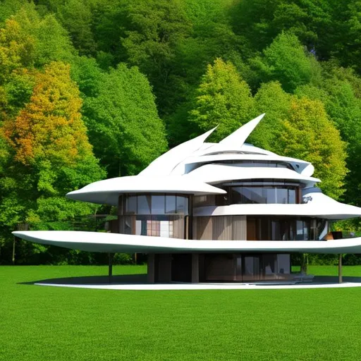 Prompt: sailing  flying futuristic house inspired on a maple tree leaf