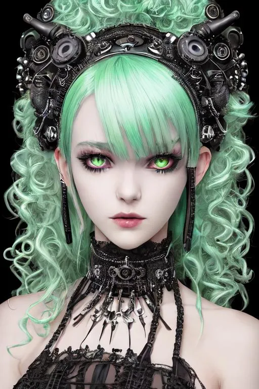 Prompt: close up shot, portrait, cinematic shot, three-quarter view,

robotic gothic girl, silver-green hair, dark robotic-flesh body, dark eyes, cute-pretty face, detailed eyes, detailed face, dominating, fur around neck, curly hair, silver rings, beautiful, detailed accessories, detailed steampunk interior background,

((cinematic lighting, volumetric lighting, iridescent lighting reflection, reflection, beautiful shading, head light, back light, natural light, ray tracing, symmetrical)),

surreal, realism, photo realistic, digital imaging, hyper realism, Photography, photo realistic, epic fantasy, epic composition, creative, hyper-detailed, 64K, UHD, HDR, vivid colors, beautiful, steampunk interior background, octane render, professional work, masterpiece,