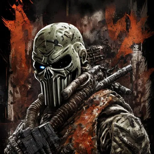 Prompt: Redesigned Gritty black and khaki and copper camouflage dark intense futuristic military commando-trained villain Todd McFarlane's punisher Spawn Cowboy
 Bloody. Hurt. Damaged mask. Accurate. realistic. evil eyes. Slow exposure. Detailed. Dirty. Dark and gritty. Post-apocalyptic Neo Tokyo with fire and smoke .Futuristic. Shadows. Sinister. Armed. Fanatic. Intense. 