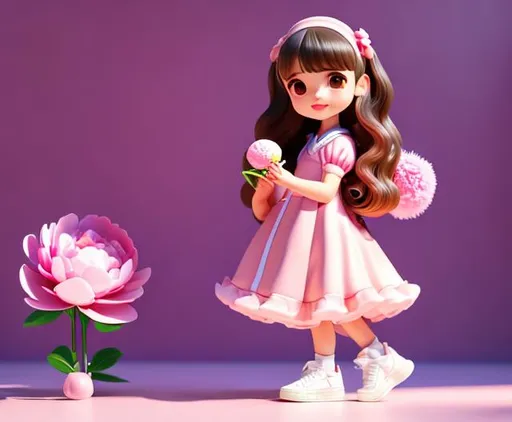Prompt: Tiny cute girl holding 
Peony flower toy, wavy brown hair, pink midi dress, dancing, white sneakers, standing 
character, park in the background, soft smooth 
lighting, soft pastel 
colors, skottie young, 
3d blender render, 
polycount, modular 
constructivism, pop 
surrealism, physically 
based rendering, 
square image, portrait 