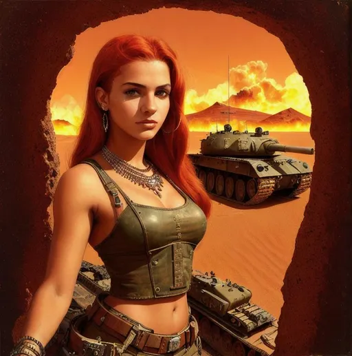 Prompt: like Luis Rojo style, painting oil on canvas, high detail, analogue picture, complete-body shot of a tank-girl, 19 years old, centred, scenery in Sahara desert

Gorgeous, high detailed girl, standing by burning german tank, in Sahara.
Gorgeous oval face, red fringy hair, high detail face, oval face, pointy chin, symmetric, green eyes, symmetric body, very  busty, massive, huge areolas, athletic body.
 
Dressed in post apocalypse leather straps armors 

Gorgeous faces, super high-detail skin, tanned skin, showing legs, not much clothes.

(high detailed skin:1.2)  8k uhd, dslr, soft lighting, high quality, film grain, Fujifilm XT3