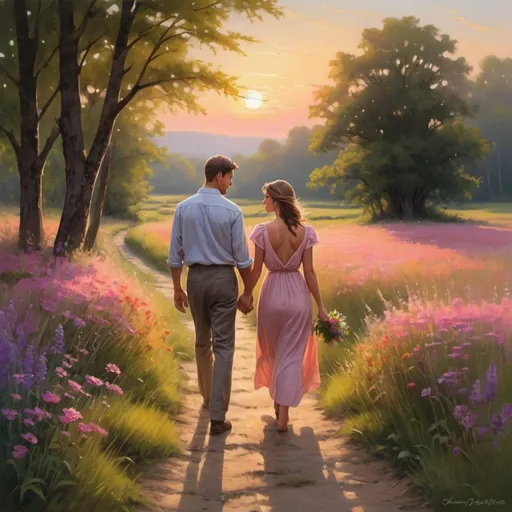 Prompt: In a picturesque countryside setting, a couple walks hand in hand along a winding path that leads through fields of wildflowers and tall grass. The sun is setting on the horizon, casting a warm, golden glow over the landscape.

The man carries a small bouquet of flowers, symbolizing his love and affection for the woman beside him. Her eyes sparkle with happiness and contentment as she gazes up at him, feeling cherished and cared for.

As they walk, their footprints leave a trail in the soft earth, marking their journey together. Each step they take is a testament to their commitment and the love they carry for each other.

In the background, a rustic wooden bridge spans a gentle stream, adding to the romantic and idyllic atmosphere. Birds sing in the trees, and a gentle breeze rustles the leaves, adding to the tranquility of the scene.

Above them, the sky is a canvas of vibrant colors, with hues of pink, orange, and purple blending together in a beautiful sunset. The setting sun casts long shadows and creates a soft, romantic light that envelops the couple.

Overall, the scene captures the essence of "Carrying Your Love With Me," celebrating the enduring nature of love and the joy of sharing life's journey with someone special. It's a visual representation of love's ability to uplift, support, and bring joy to our lives.






